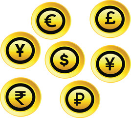 us uk russia japan india china europa currency dollar euro yuan rupee yen roube pound gold coin
