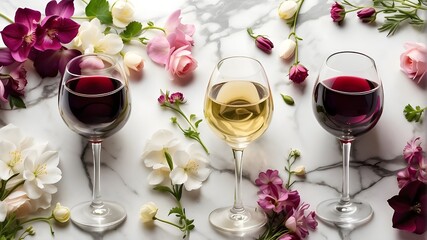 A photorealistic top view image of various wine glasses placed on a marble background, surrounded by delicate spring flowers. The composition symbolizes a refined wine tasting event, highlighting the  - obrazy, fototapety, plakaty