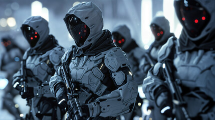 Fototapeta premium Squad of advanced military robotic commandos in white