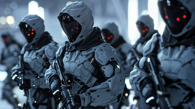 Squad of advanced military robotic commandos in white