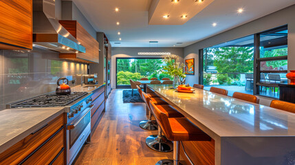 Fototapeta premium Sleek kitchen with wooden accents, stainless steel, and natural light, opening to outdoors.