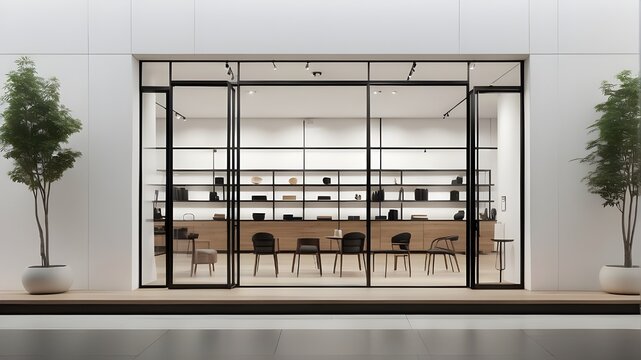 A photorealistic image of a storefront featuring white walls and black metal accents. The glass windows show the interior of the store, highlighting the modern and minimalist design. In front of the b