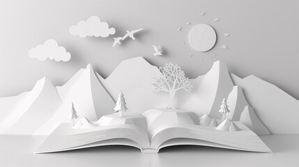 Mock-up of blank pages of an open notebook with copy-space for text place on a white desk with cute idea of a nature, forest, sun, birds and sky in white papercut on white background.