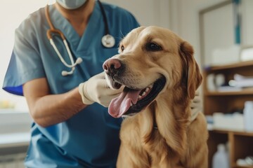 Unrecognizable veterinarian with stethoscope and mask attending to a golden retriever in his office