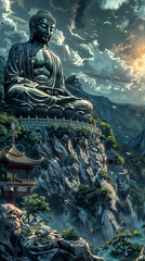 Large Buddha statue towers over moutains and valleys in comic book or graphic novel style 