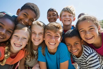 Group of kids smiling at camera on a sunny day in elementary school