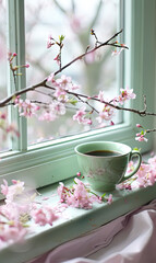 a cup of coffe sitting on a windowsill, in the style of cherry blossoms, light green and pink