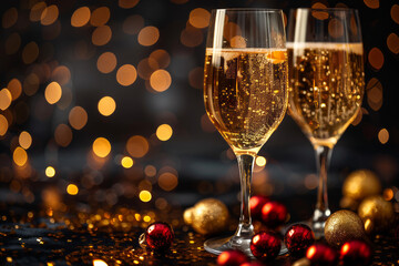 Two glasses of champagne on a blurred background with glowing lights