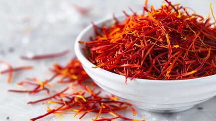 Fototapeta premium Delicate Saffron Threads on Pure White - Detailed Spice Photography