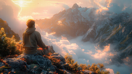 A meditating man practicing yoga on a mountain peak in the morning.