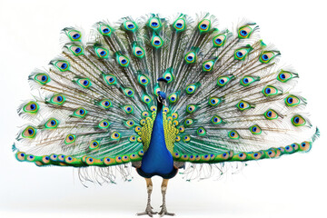 A peacock preens, tail feathers fanned