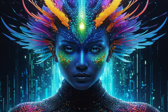 Sparkling otherworldly digital avatar pulsates with energy and light