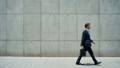 Business person, businessman walking on the background of concrete gray wall blurred in motion. The concept of the modern fast pace of life