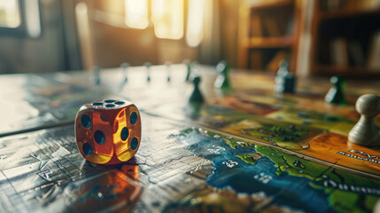 A detailed image of a strategy board game with a dice, placed in a sparsely furnished