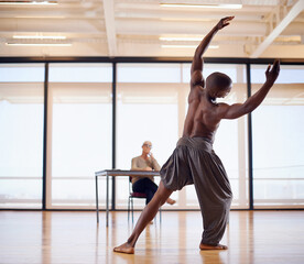 Man, dancer and judge for routine in studio for performing, ballet and audition or trial in...