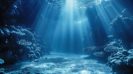 Artistic photo landscape in beautiful blue light underwater and rays of sunlight shining through. Generative Ai image.