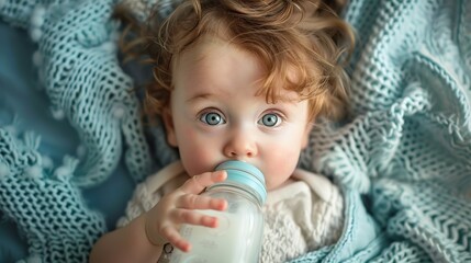 A toddler lying on a blue blanket drinking milk from a bottle. Supplementary food for growing babies