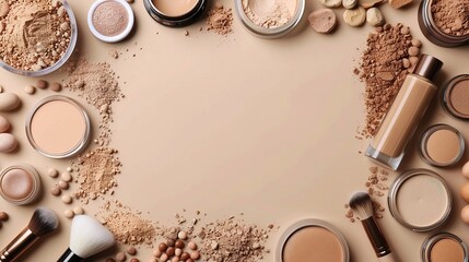 Top and flat view of cosmetic beauty products. Primer, concealer, foundation, face powder. Make-up wide screen background with empty space for text