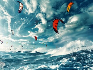 An exhilarating scene capturing a competition kitesurfing event on the sea, with participants showcasing their skills 