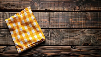 Yellow and white checkered napkin on empty wooden deck table. Top view and flat lay background. Space for add text.