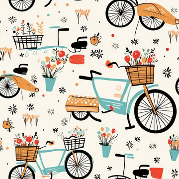 A colorful and whimsical bike pattern with flowers and baskets. The image is a playful and cheerful representation of a bike-themed design