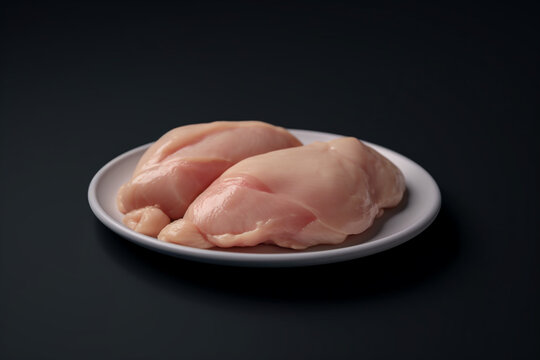 Two uncooked, skinless chicken breasts on a white plate against a dark background