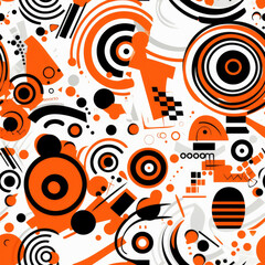 A colorful pattern of circles and squares with a black and orange background. The pattern is abstract and has a sense of movement