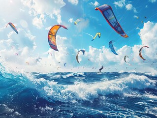 An exhilarating scene capturing a competition kitesurfing event on the sea, with participants showcasing their skills  - obrazy, fototapety, plakaty