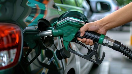 a hand holding a green gasoline nozzle and filling the gas tank at a gas station.