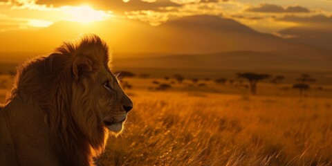 A majestic lion's portrait as it gazes into the distance, with the sprawling savanna and...