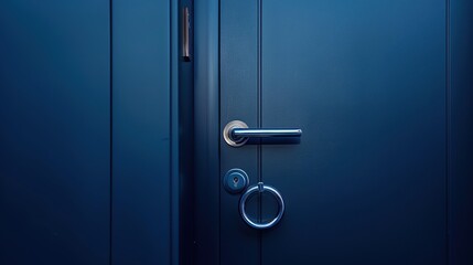 Close up premium modern door handle with on dark blue door.