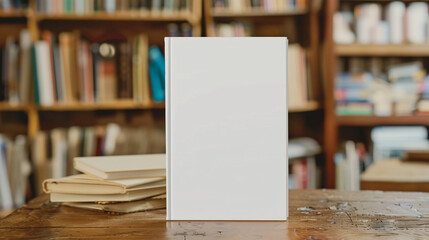Mock-up of a book with blank white cover placed on an old wooden table with stack books and wooden bookshelf as a background. New modern minimal book in front view.