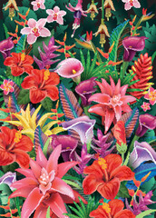 Obraz na płótnie Canvas Background from tropical plants and exotic flowers, vector illustration 