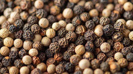 Close-up background of beige and black pepper seeds. Top view and flat lay. Can be used for spice backgrounds, banners and templates.