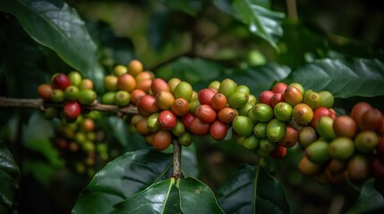 A close-up of coffee cherries growing in clusters along the branches of a coffee tree growing under a shady coffee plantation background.