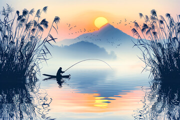 A man is fishing in a lake with a beautiful sunset in the background - 793073161