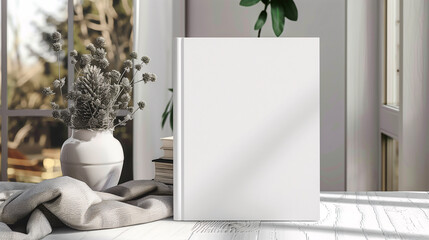 Mock-up of a book with blank white cover placed on a white wooden table with cute flower vase, blanket and windows as a background. New modern minimal book in front view.