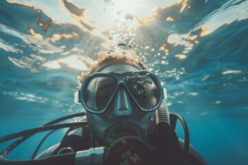 portrait of a male scuba diver underwater, diving, summer vacation and entertainment
