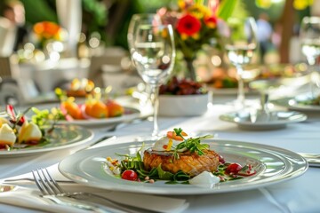 Fototapeta na wymiar appetizing restaurant presentation of a dish on a white plate in a luxury restaurant