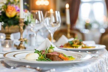 Fototapeta premium appetizing restaurant presentation of a dish on a white plate in a luxury restaurant