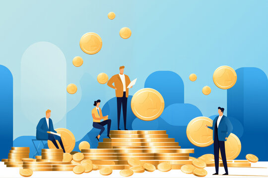 Business graphic vector modern style illustration of a business person in a workplace environment showing money cash earnings investment accounts revenues and profits loss from accounting invest