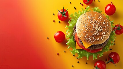 A top view of a scrumptious burger with tomatoes on the side on a yellow and red background. Space for Text