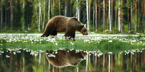 ours brun marchant au bord d'une rivière en lisière de forêt - obrazy, fototapety, plakaty