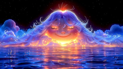 Obraz premium A beautiful glowing girl rises from the ocean illuminated by a sparkling light