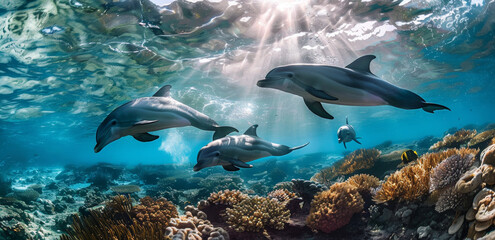 Vue sous-marine juste sous la surface de l'eau d'un banc de dauphin