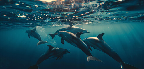 Vue sous-marine juste sous la surface de l'eau d'un banc de dauphin - Powered by Adobe