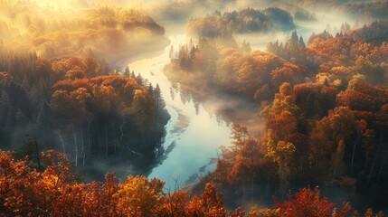 A breathtaking panoramic view of an autumnal forest bathed in warm sunlight, with a winding river cutting through the heart of the scene.