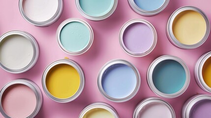 Top view of open cans of bright colorful paint. Flat lay background.