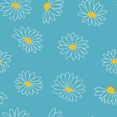 Seamless pattern with daisy, chamomile on blue background. Hand drawn simple background. Floral print design for textiles, wrapping paper, gift paper, fabric.