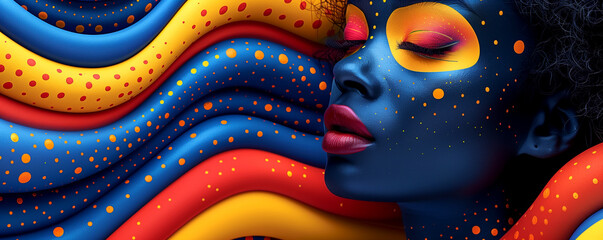 A woman's face is painted with bright colors and dots - 793074310